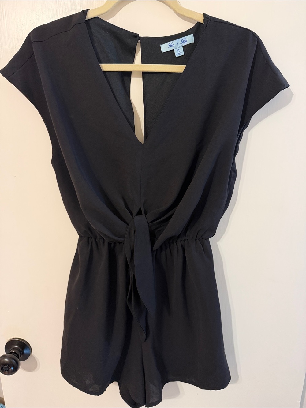 She + Sky Small Black V-Neck Romper with Tie Waist